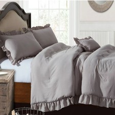 NWT Ruffle Duvet Cover Set King 3 PCs 100 Washed Cotton Gray Solid Bedding