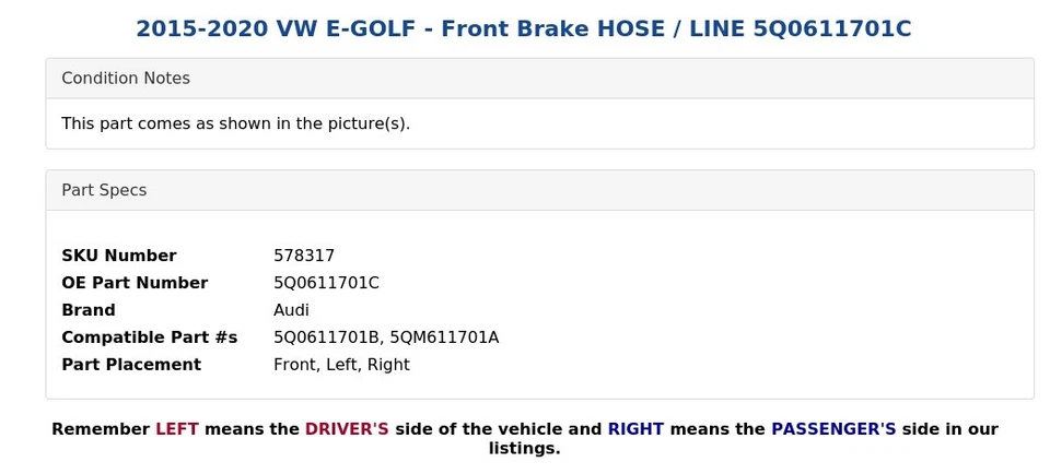 VW E-GOLF 2015-2020 - Manguera de freno delantero / línea 5Q0611701C Foto 4 de 4