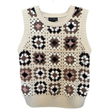 Crochet Granny Square Floral Sweater Vest M Neutral Cottagecore Grannycore Layer