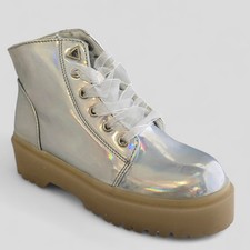 YRU Silver Holographic Boots with Sheer White Ribbon Laces Size  US 7