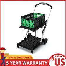 2 Tier Collapsible Shopping Cart Folding Utility Cart w/Wheels Storage Crates