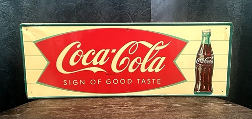 Vintage 1950s / 60s Coca Cola Fish Tail Sign ~  Steel Litho 31.5" x 12" MCA 747