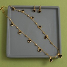Gold Plated Black Enamel Heart Charm Station Necklace Huggie Earrings Set