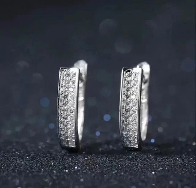 14K White Gold Plated Simulated Round Cut Diamond Huggie Hoop Women Earrings