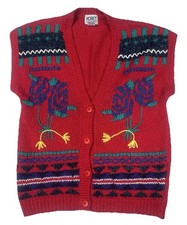 Koret City Blues Womens Sweater Vest Medium Red Floral Geometric Granny Cottage