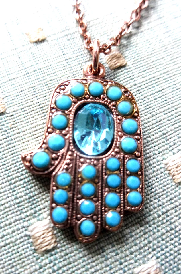 AMARO HAMSA 手工水晶项链 FAUX TURQUOISE BRASS TONE 蓝色保护幸运 — 第 2/4 张图片