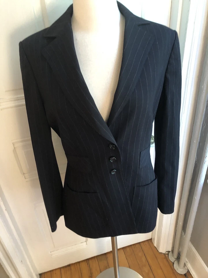 CHAQUETA A RAYAS ANNE KLEIN VINTAGE AZUL MARINO - HOMBRERAS - CINTURA PERFECTA AJUSTADA - TALLA 8 Foto 2 de 4