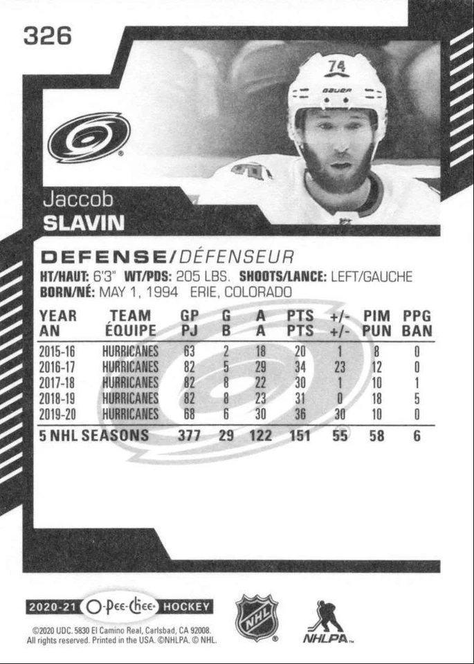 2020-21 O-Pee-Chee Jaccob Slavin Carolina Hurricanes #326 - Image 2 of 2