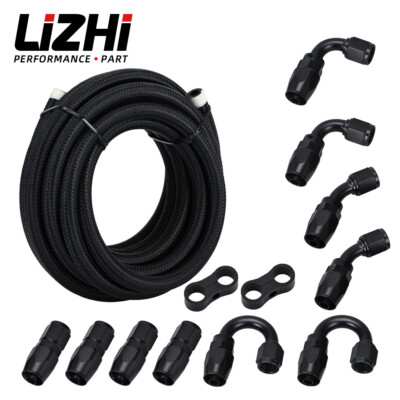 Black 16ft 6AN AN6 Nylon Braided Fuel Hose Oil Hose End Fitting Kit Fuel Line 5M