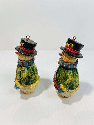 Carved Christmas Green Frosty Snowman 3.5” Set Of 2 Hanging Tree Ornament - Picture 2 of 8