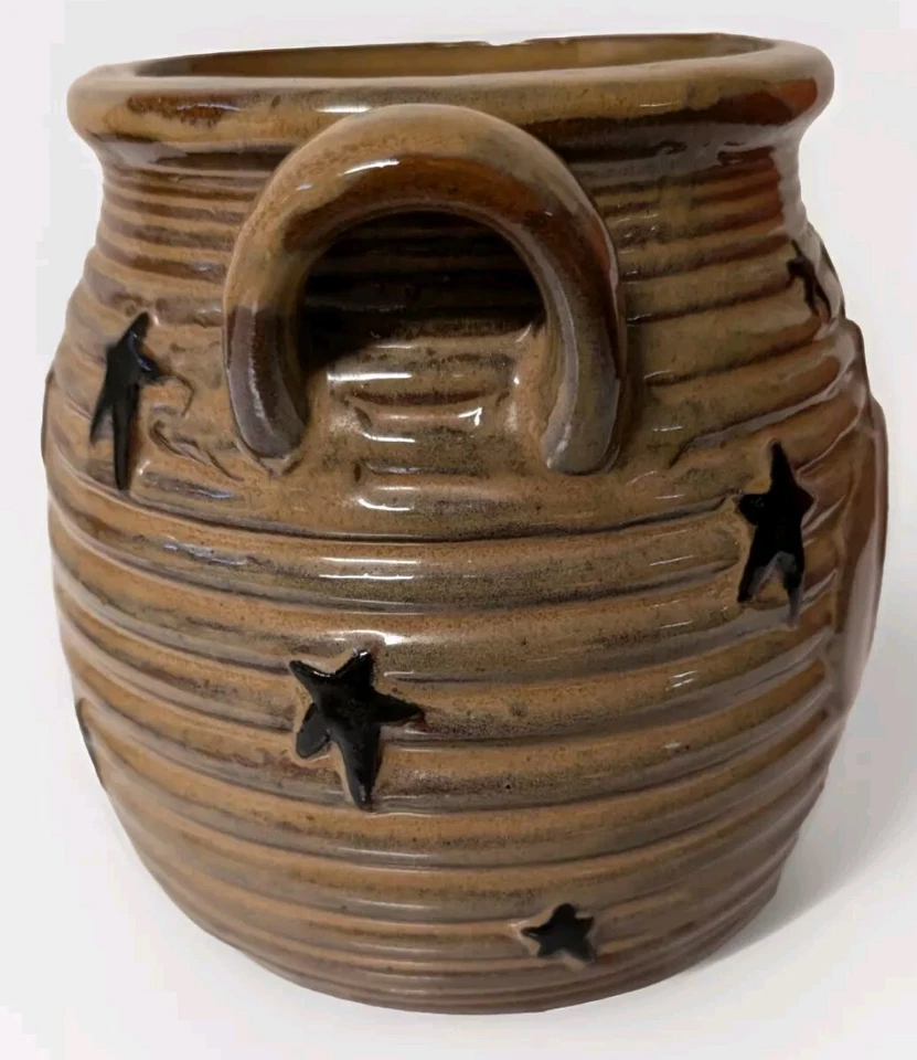Prim Crock Crow Honey Jar Glazed Ceramic W Handles Pumpkin Stars Ribbed Brown  - Image 2 of 4