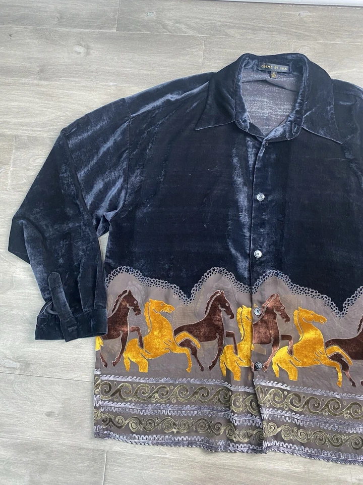 Vtg Creme de Silk Black Sheer Velvet Velour Shirt Horses Graphic Men’s Size Xl - Image 2 of 4