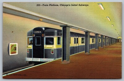 1930s Train Platform Chicagos Initial Subways Linen Unposted Postcard L5