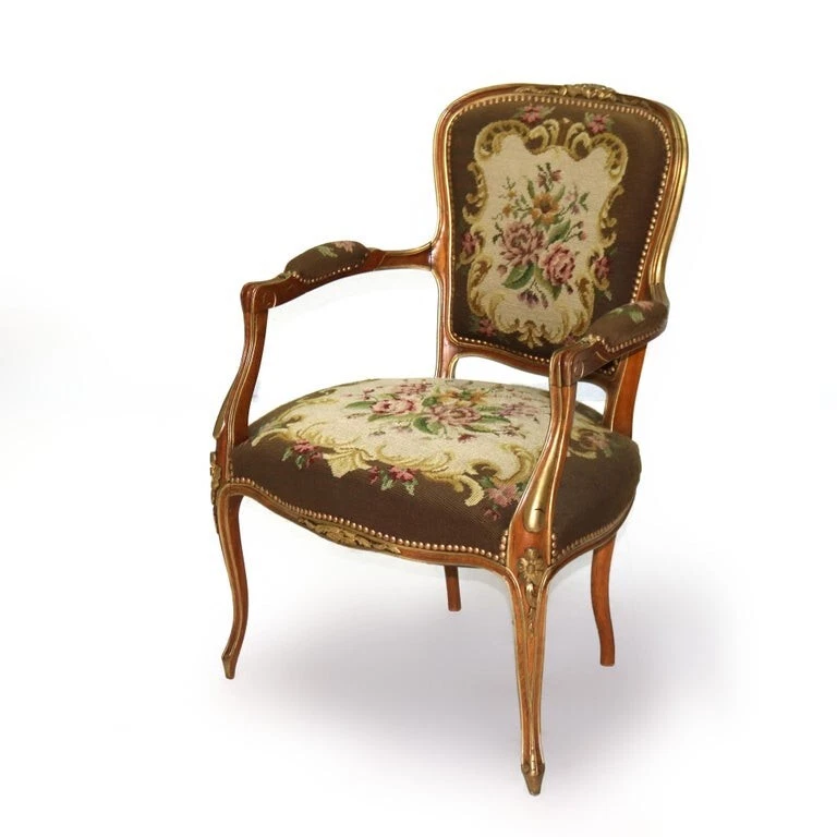 Silla tapiz antigua francesa estilo Luis XIV paquete nogal dorado y floral C1920 Foto 4 de 4