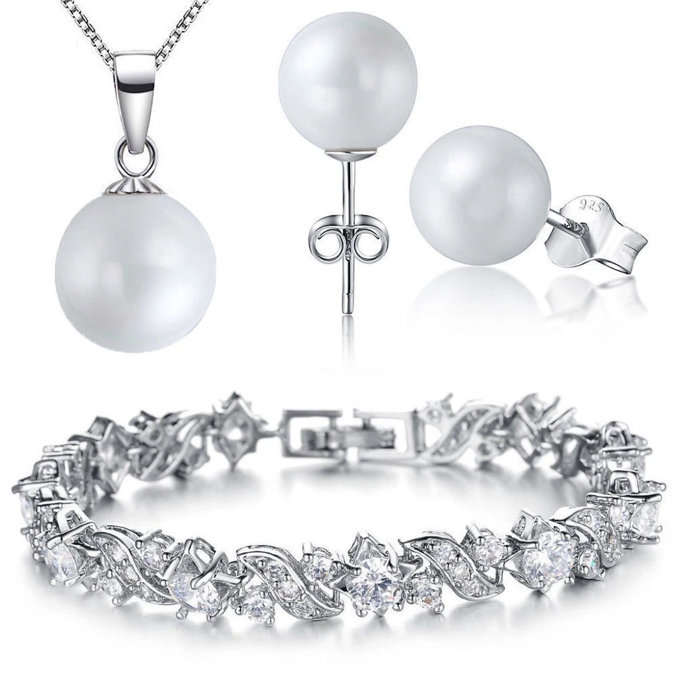 SCHMUCKSET 925 STERLING SILBER HALSKETTE PERLE ANHÄNGER OHRRINGE ARMBAND KETTE