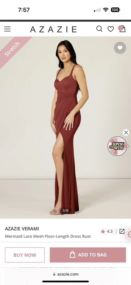 Vestido Azazie Verami Sirena Encaje Malla Hasta el Suelo Óxido Talla 8 Boda Foto 3 de 4