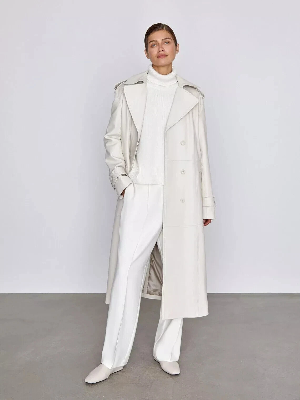 OFF WHITE Cappotto lungo donna vera pelle vera pelle di agnello elegante bianco con cintura trench coat