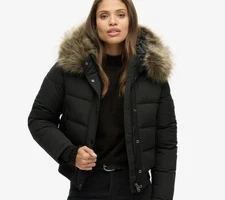 SUPERDRY WOMENS PUFFER JACKET SIZE S/6 DETACHABLE FUR HOOD BLACK BRAND NEW