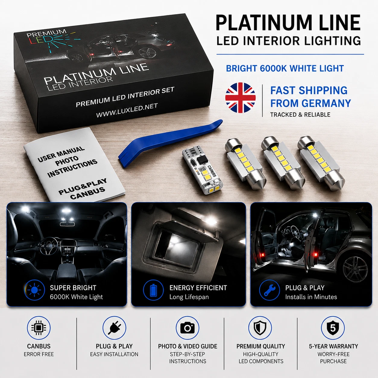 Premium LED Interior Light Kit for VW Golf 5 V 1K 12 SMD CANBUS Error Free