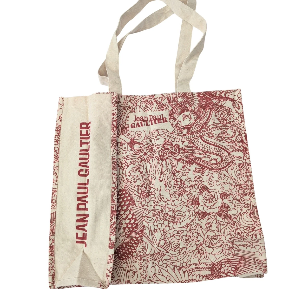 Jean Paul Gaultier Tattoo Print Canvas Tote Bag Red Cream Dragon