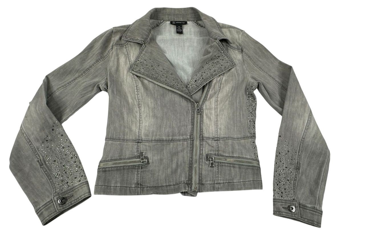 INC Embellished Distressed Denim Gray Rocker Chic Moto Jacket Women's - Size M