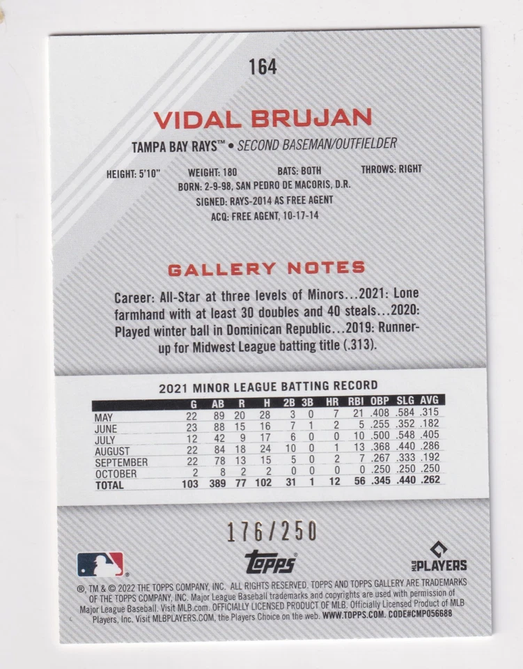 2022 Topps Gallery PRIVATE ISSUE #164 VIDAL BRUJAN RC Rookie 176/250 Braves - Image 2 of 2