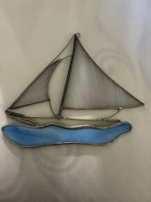 Stained Glass Sailboat Suncatcher Blue White Nautical Ready to Hang Handmade