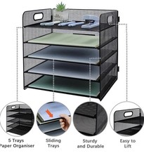 5 Tier Paper Organiser Mesh Letter Tray Metal Black Desk For School Work Home