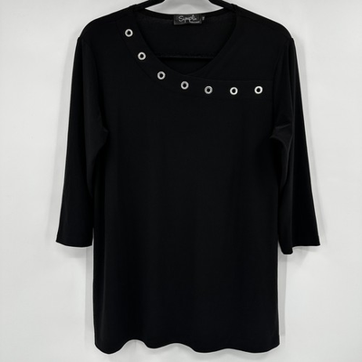 #ad Sympli Black V Neck 3 4 Sleeve Grommet Detail Tunic Top Made in Canada Size 10 $24.74