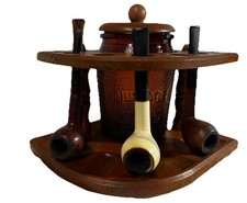 De colección Dun Rite Wood Inc. 7 Pipas Soporte Tack Duraglas Vidrio Ámbar Humidor Tarro