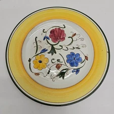 Della-Ware Laurita Plate 9" Hand Painted Floral Yellow Rim Ceramic Vintage USA