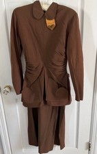 Vintage 1940's Brown Wool Crepe Suit Fitted Back Button Jacket w/Skirt Sz S/M
