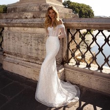 Off The Shoulder Shiny Sequin Mermaid Wedding Dress Sheer Long Sleeve Bride Gown