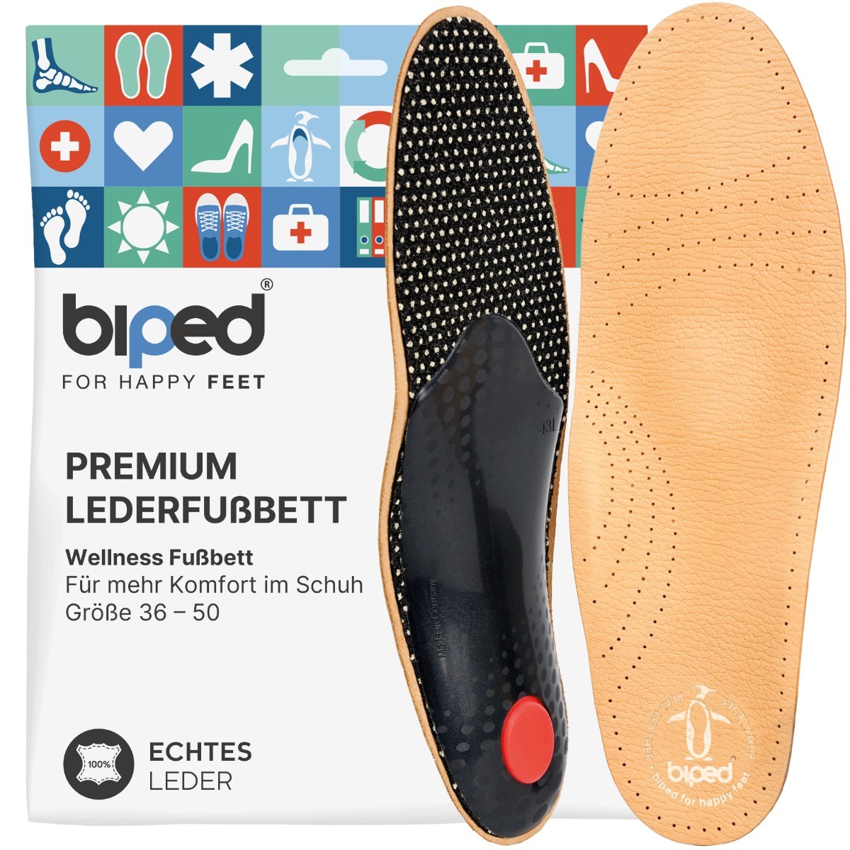 biped Premium Leder Fußbett - Orthopädische Schuheinlagen mit Pelotte z1706