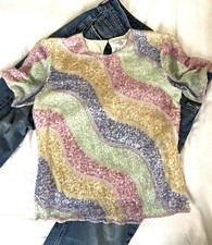 Vintage 80s Simon Ellis Pastel Rainbow Sequin & Bead  Silk Top. 12 VGC