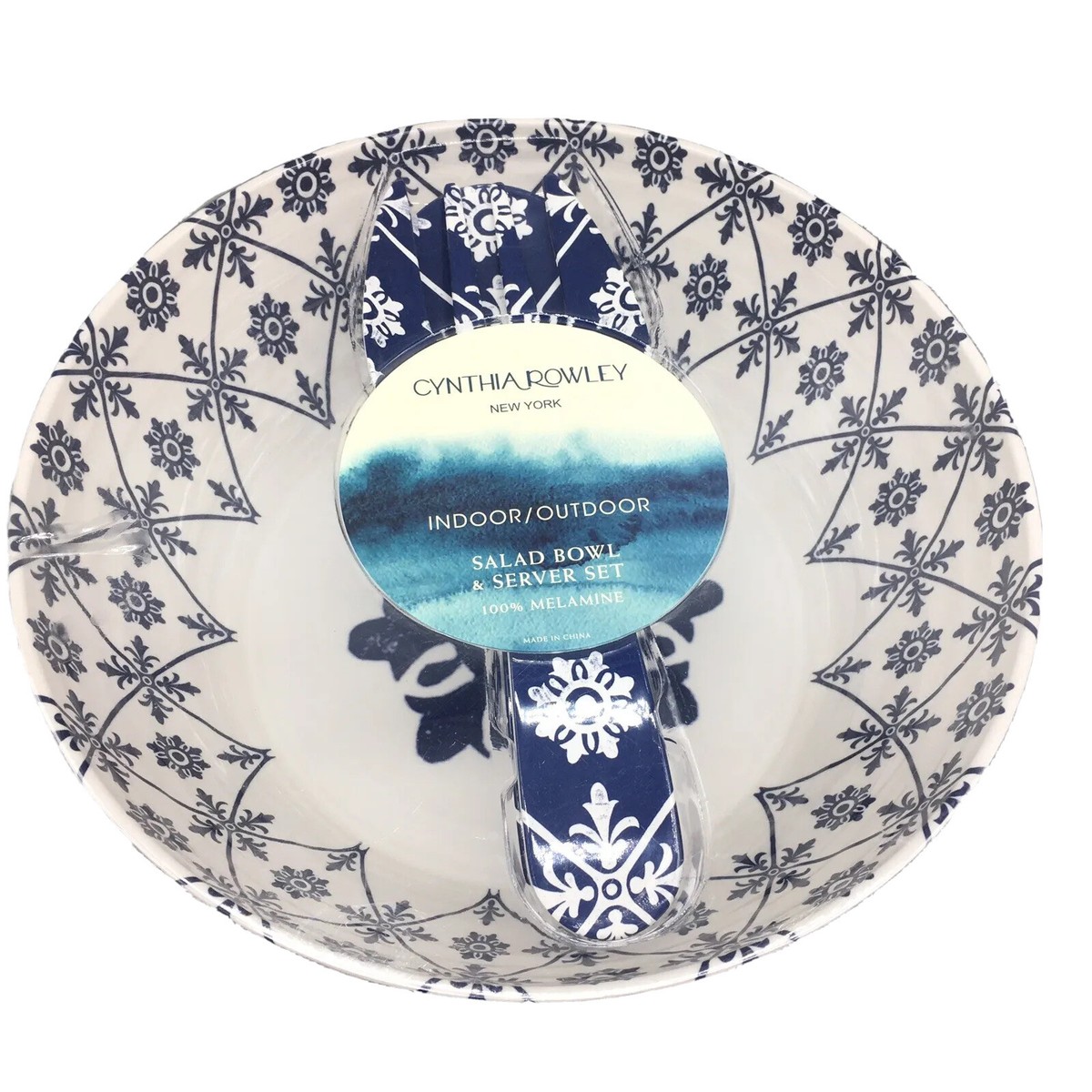 3pc Cynthia Rowley Medallion Melamine Serving Salad Bowl Server Set Navy  White