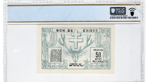 New Caledonia 1943 50 Centimes PCGS Certified Banknote UNC 65 PPQ Pick 54 - Picture 2 of 2