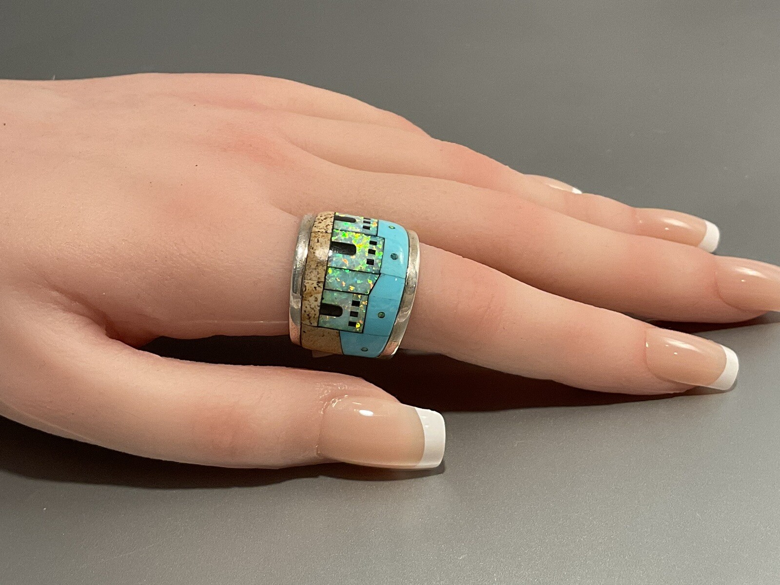 "The Three Dwellings" Sterling Turquoise and red fire Opal ring Size 7 NEW image 4