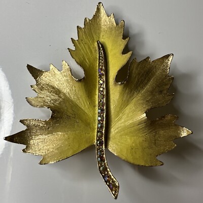VINTAGE JEWELRY PARK LANE 1950s Gold Silver PL Rhinestone Maple Leaf Brooch Pin