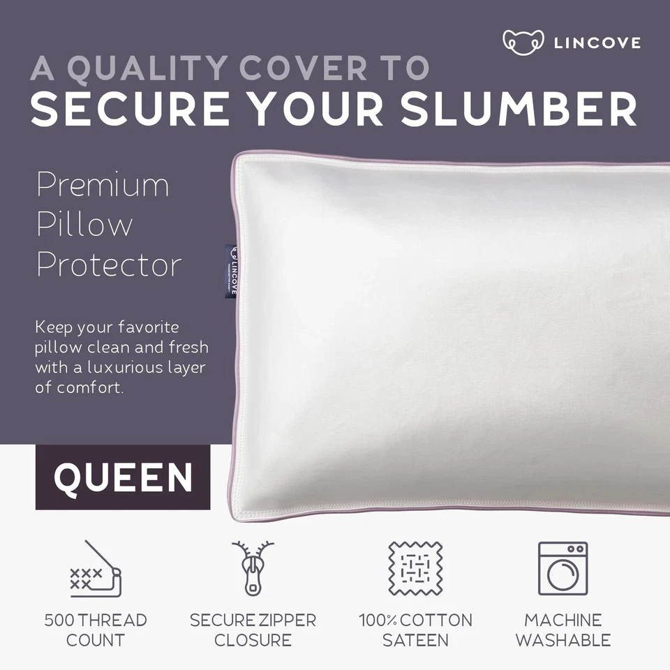 100% Cotton Sateen Pillow Protector Cover - PAIR Pillow Cover - 500 Thread QUEEN - Image 2 of 4