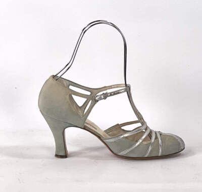 30s Evening Heels 20s T-Strap Flapper Shoes Vintage Silver Trim JoBo