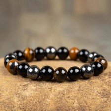 10mm Round Beads Triple Protection Tiger Eye Obsidian Hematite Stretch Bracelet