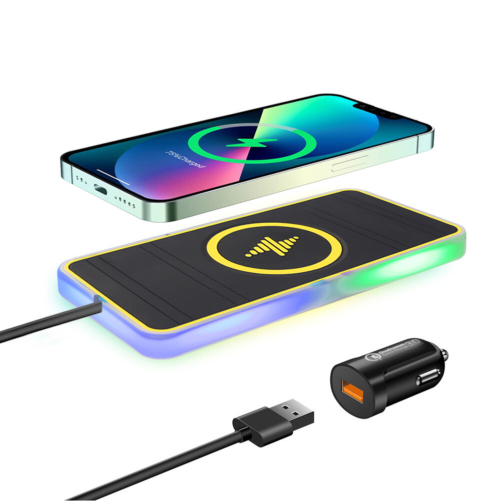 15W Car Wireless Phone Charger Pad Fast Charge Mat w/Light for iPhone