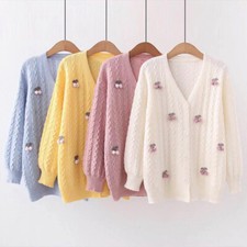 Women Girl Fruit Jacquard Knit Cardigan Sweater Cherry Jumper Button Kawaii