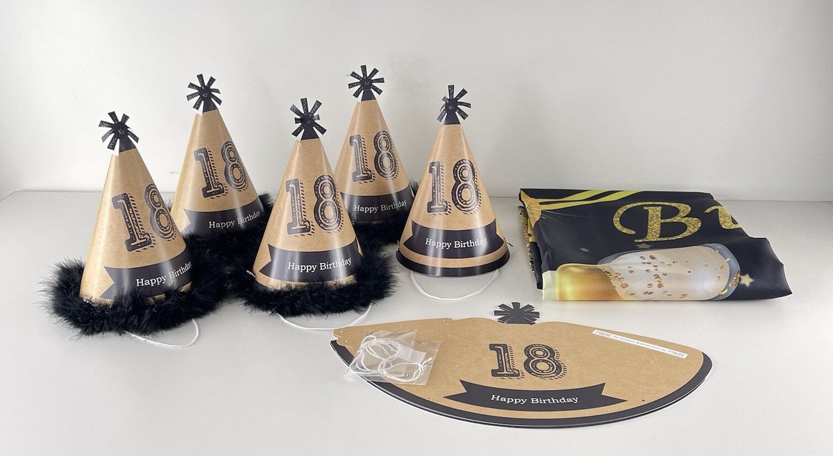 18th Birthday Foot Banner And Party Hats Partially Customized Black  Gold Set