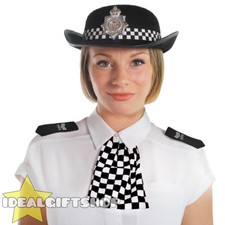 ADULT BLACK WPC POLICE WOMAN HAT WITH EPAULETTES & SCARF FANCY DRESS BRITISH