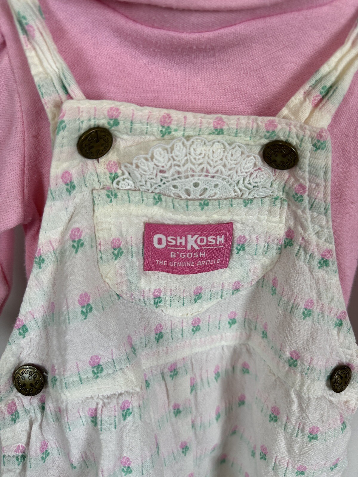 VTG OshKosh B'Gosh Pink White Roses Overalls Romper Turtleneck Set 6/9M USA image 10