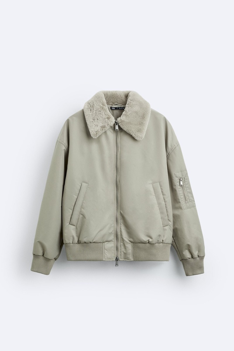 New Zara Mixed Collar Bomber Jacket S 8281/657 Biege aviator New Zara Mixed Collar Bomber Jacket S 8281/657 Biege aviator