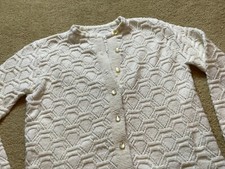Vintage 60s 70s Ivory Acrylic Crochet Knit Granny Button Up Cardigan Sweater M