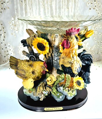 Goldenvale Collection Porcelain Rooster, Hen, Chicks w/Glass Fruit/Candy Dish
